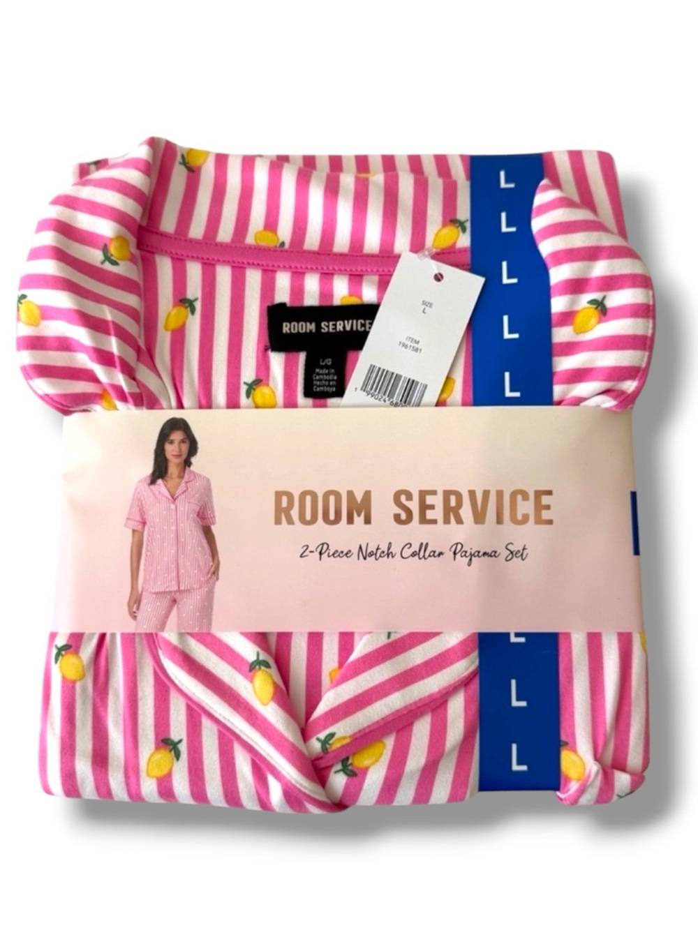 Room Service Pink & White Striped Lemon Pajama Set Gift Packed
